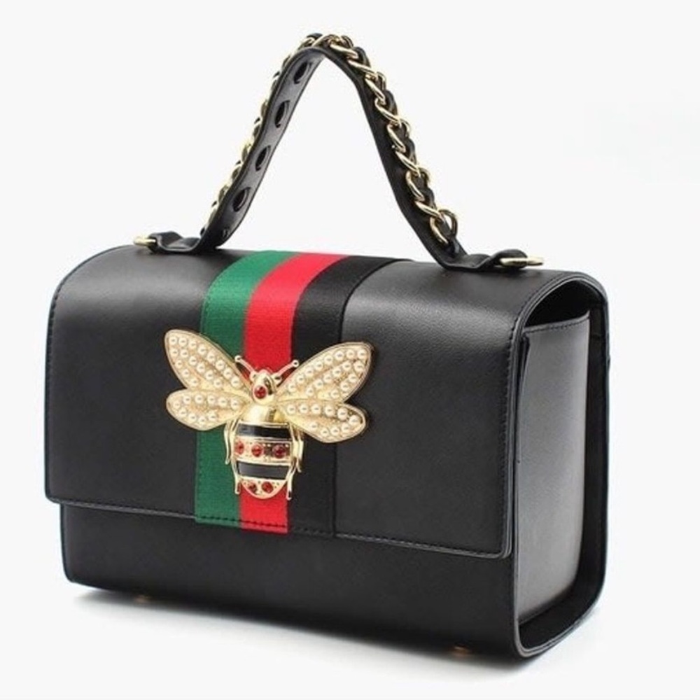 Queen Bee Rhinestone Pearl Crystal Embellished Black Vegan Leather Bag Handbag